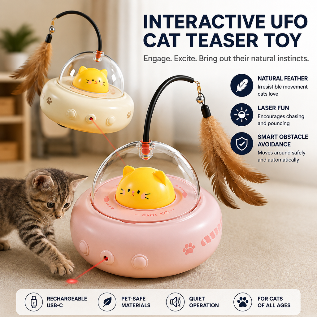 Interactive UFO Cat Teaser Toys with Replaceable Feather