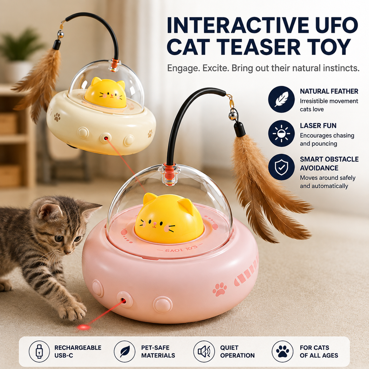 Interactive UFO Cat Teaser Toys with Replaceable Feather