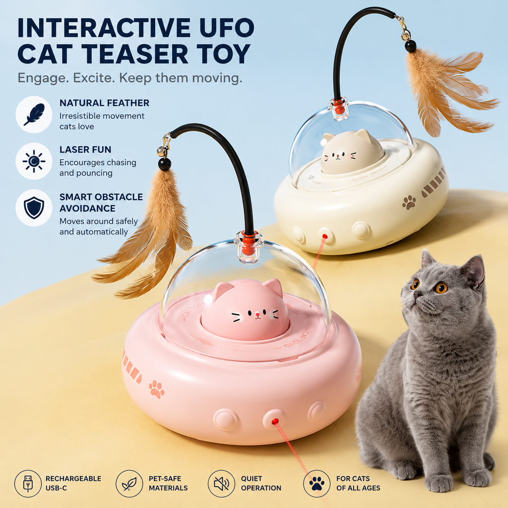 Interactive UFO Cat Teaser Toys with Replaceable Feather